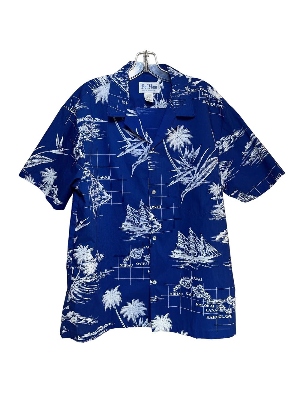 Hawaiian Isles Aloha Map Shirt Mens XL Button Up Map Blue White USA Made Vintage